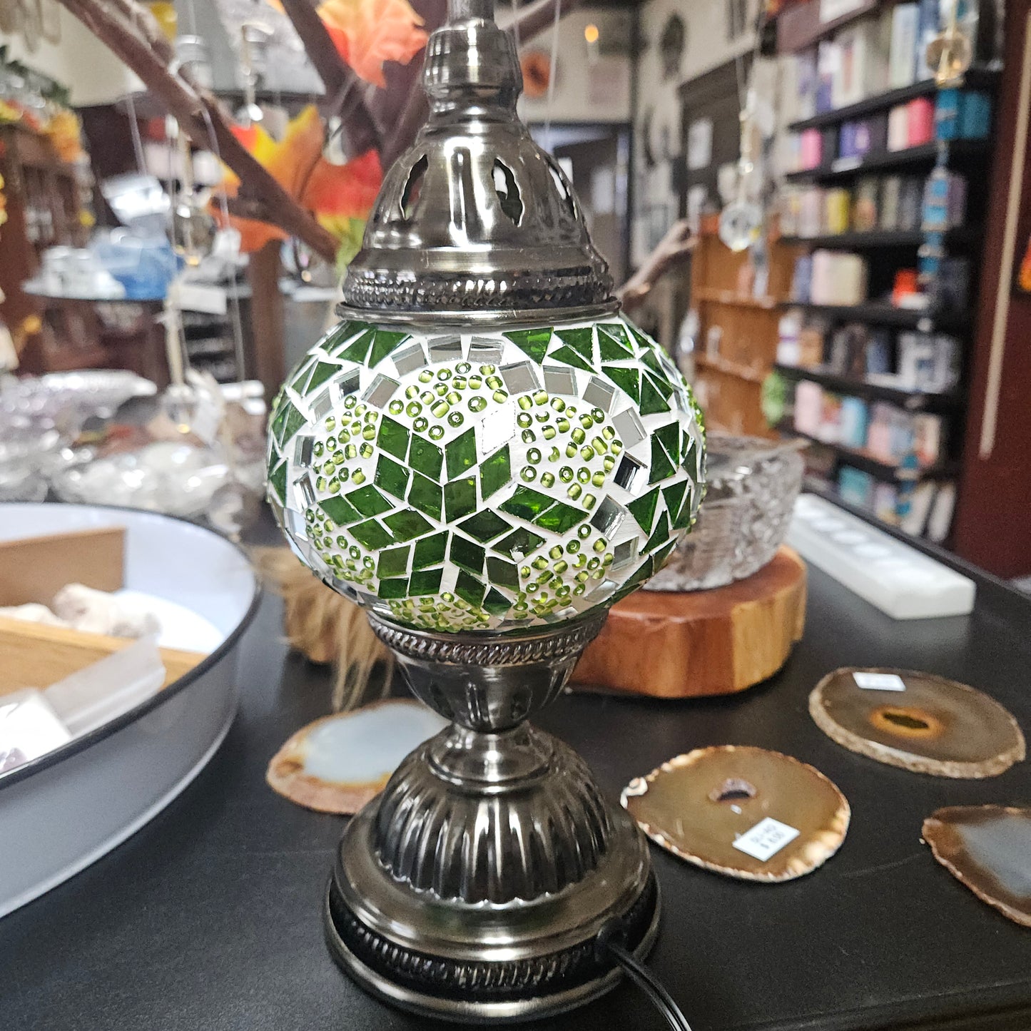 Turkish Desk Lamp, Handmade Globe - Green Flower