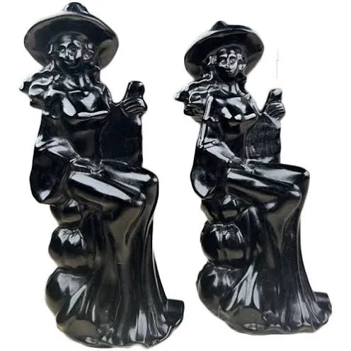 Obsidian Carved Witch on Broom 3 1/2"