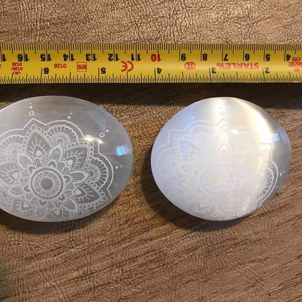 Engraved Selenite Mandala Palm Stone - Tree Of Life Shoppe