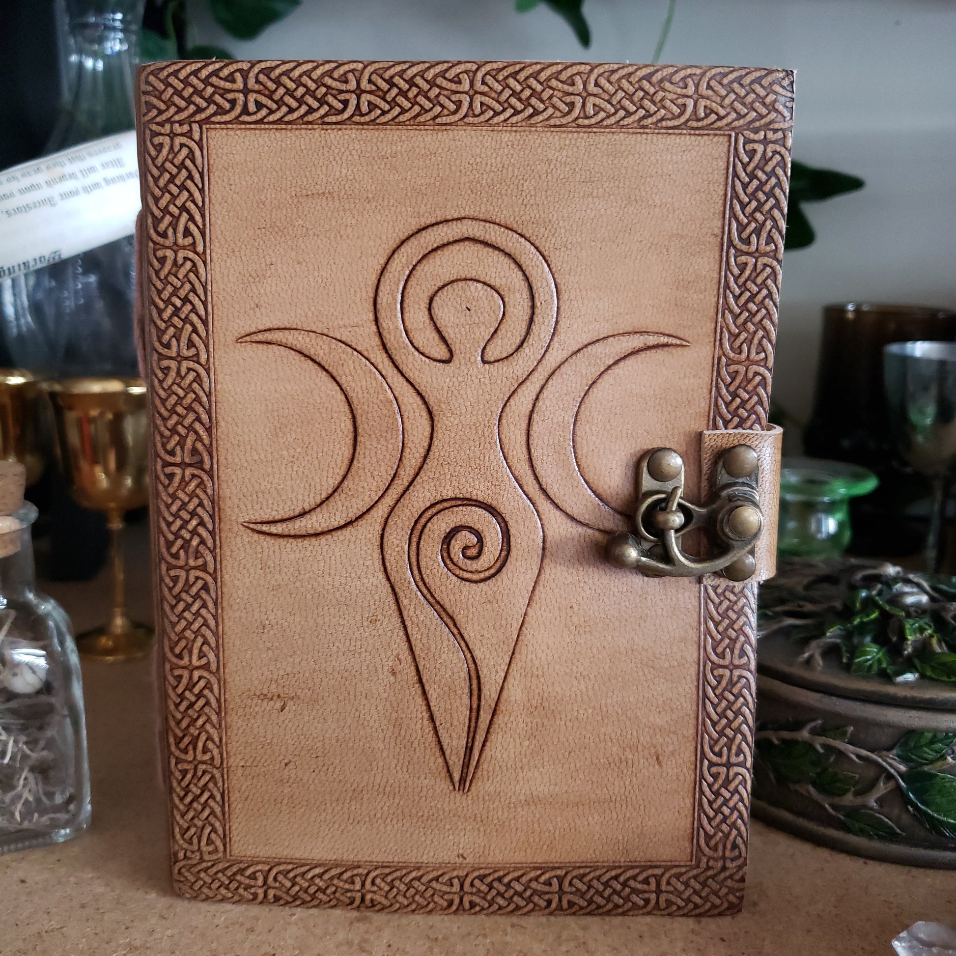 Triple Moon Goddess Embossed Blonde Leather Journal w/ latch - Tree Of Life Shoppe