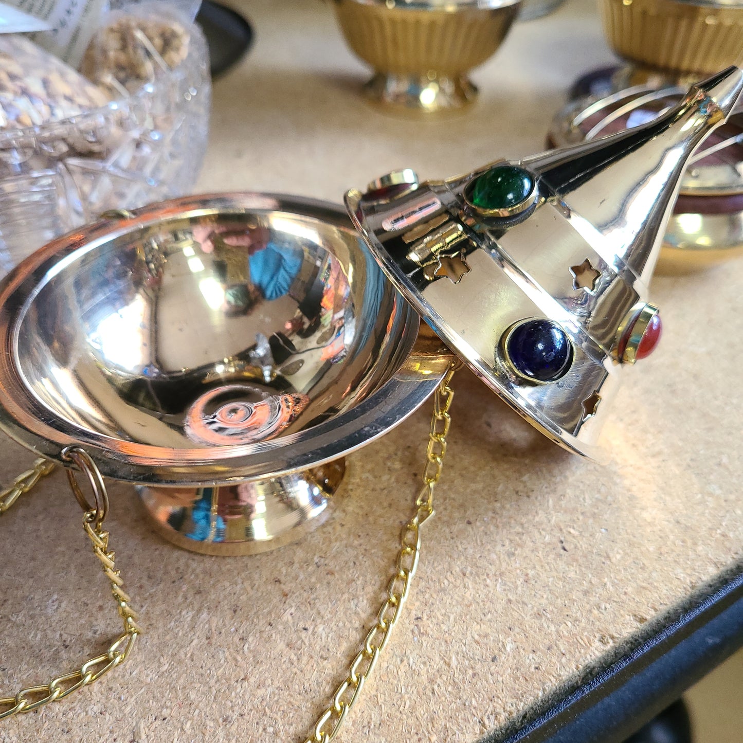 Brass Hanging Incense Burner with Beading - Med