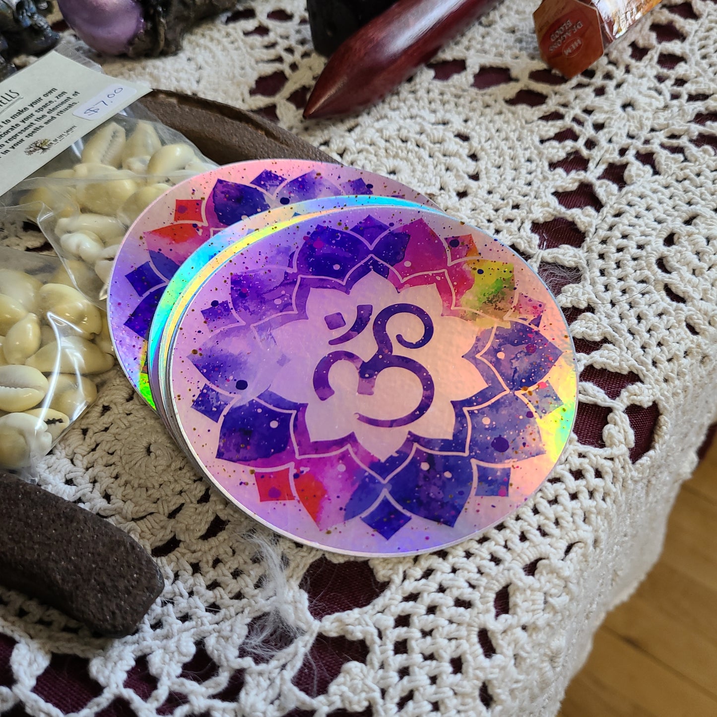 Halographic Sticker: Om Mandala, 4x4 inch