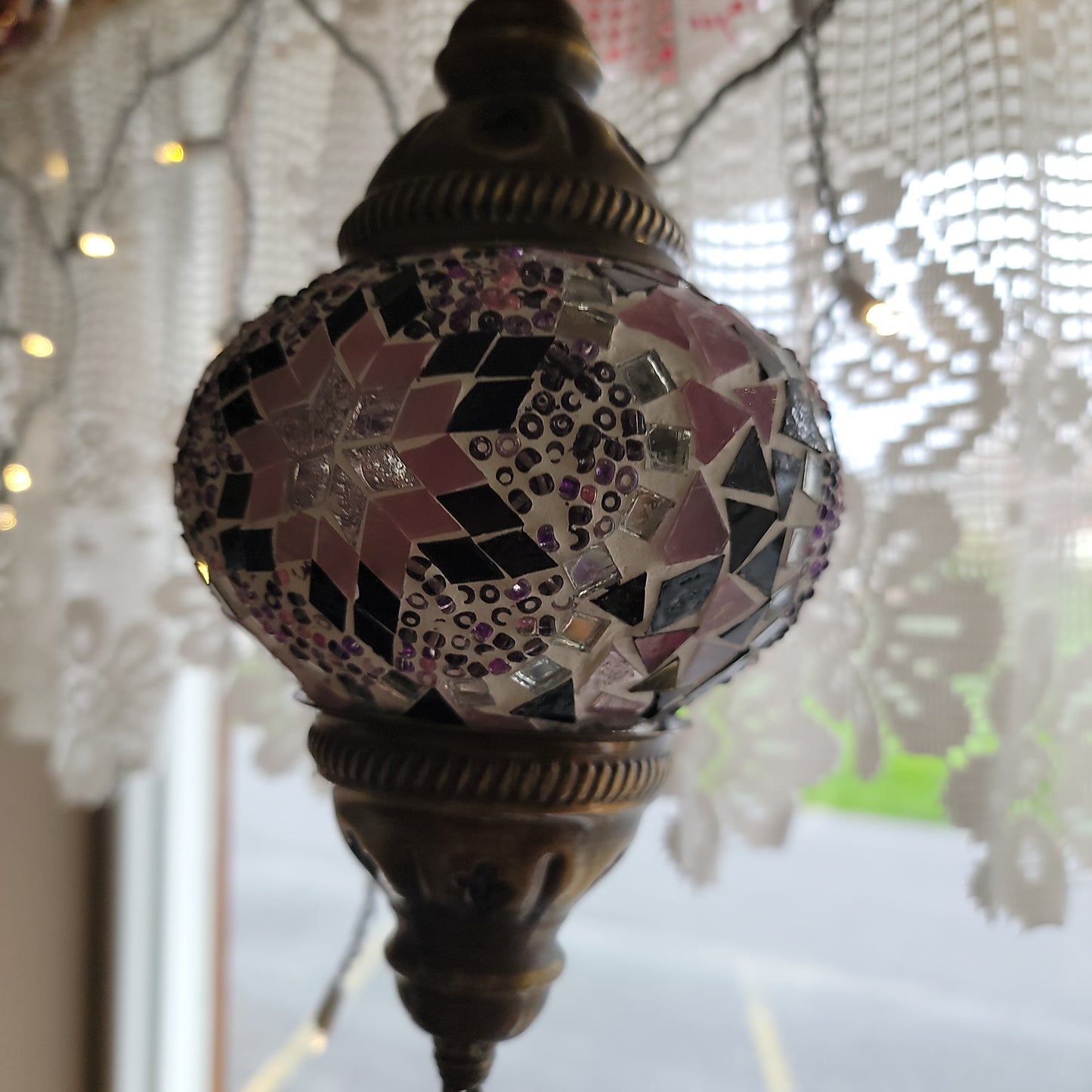 Turkish Ceiling Hanging Lamp, Handmade Small Globe Purples & Pinks