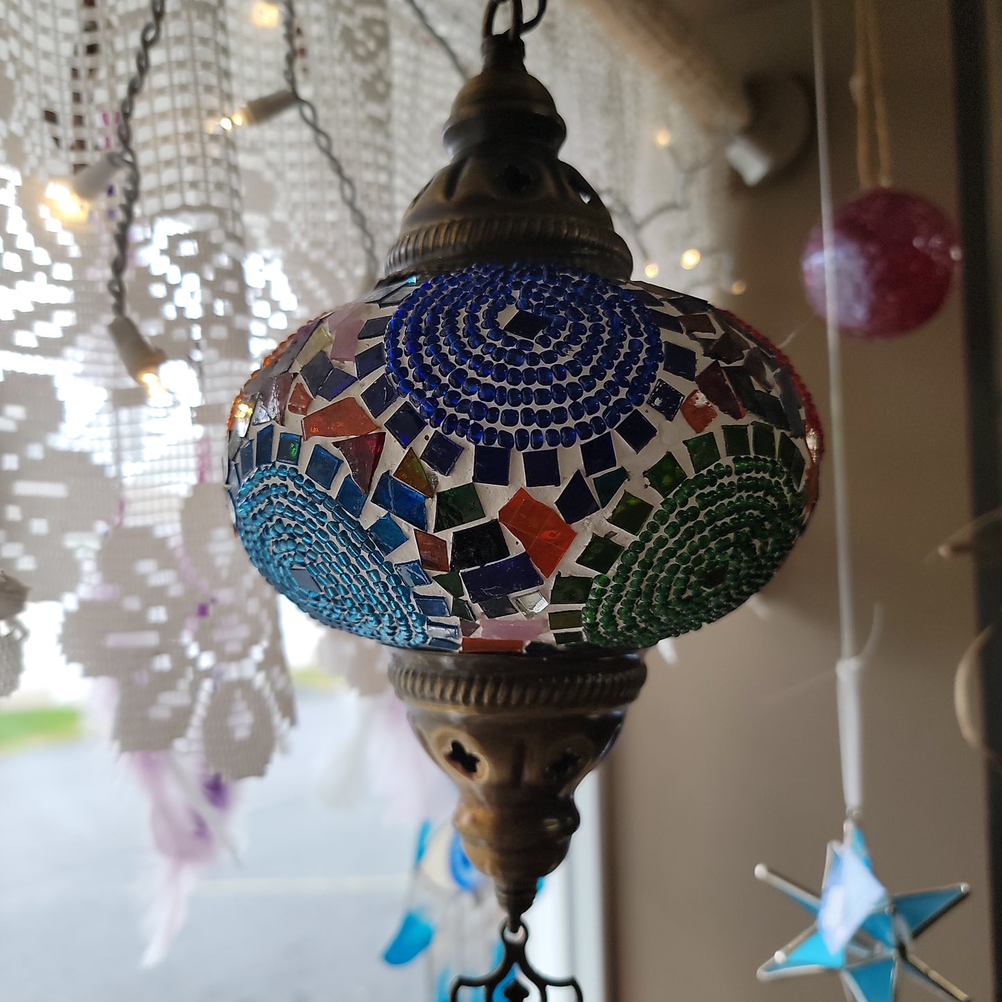 Turkish Ceiling Hanging Lamp, Handmade Large Globe Mulit Colored