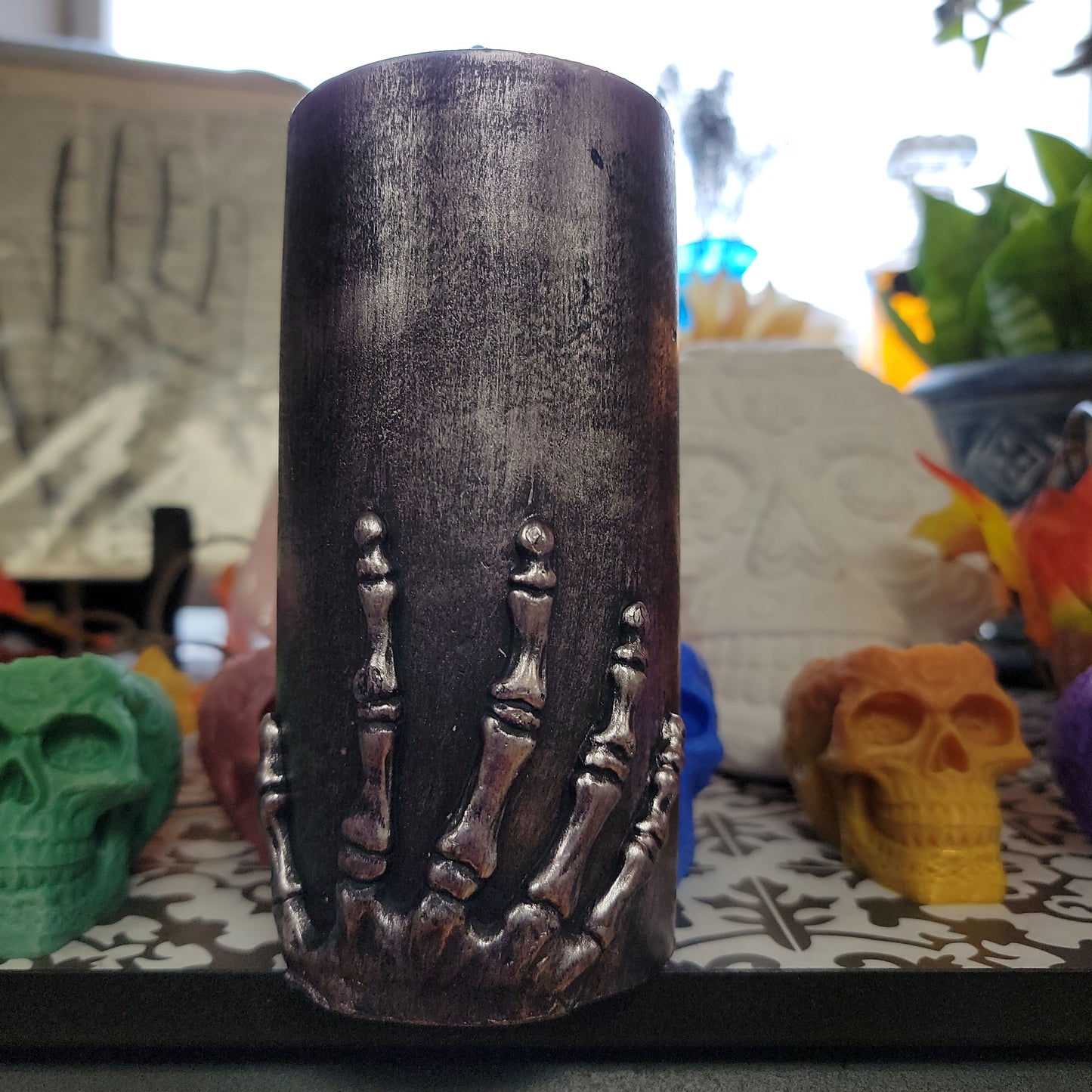 Tall Sculpted Skelly Hand Pillar Candles