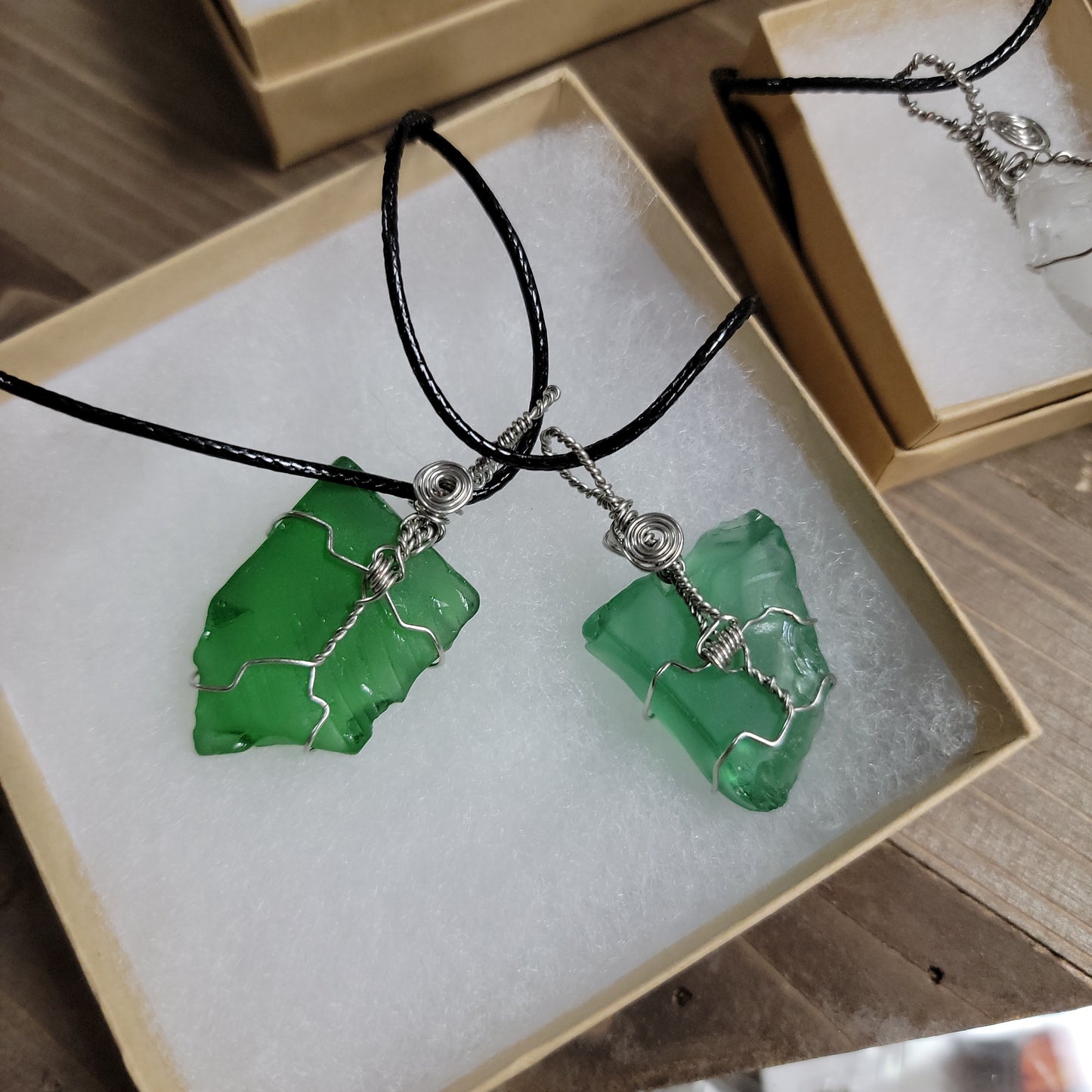 Wired Wrapped Sea Glass Corded Pendent Necklace - Various Sizes & Colors