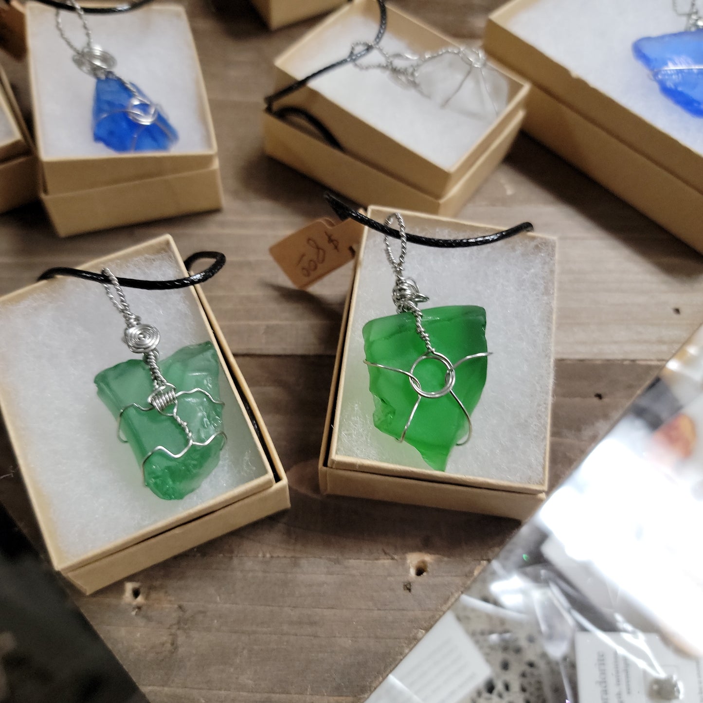 Wired Wrapped Sea Glass Corded Pendent Necklace - Various Sizes & Colors