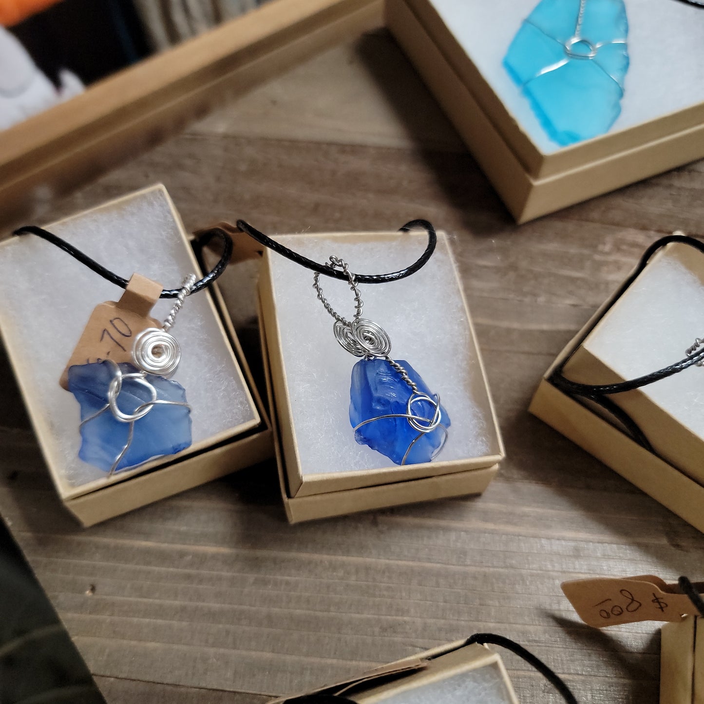 Wired Wrapped Sea Glass Corded Pendent Necklace - Various Sizes & Colors