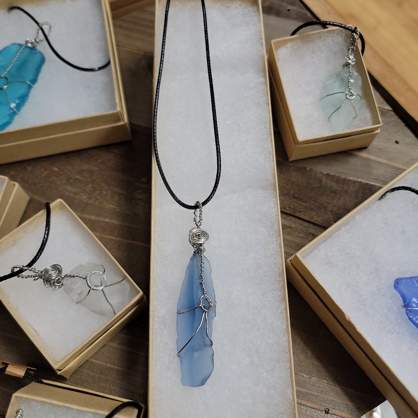 Wired Wrapped Sea Glass Corded Pendent Necklace - Various Sizes & Colors