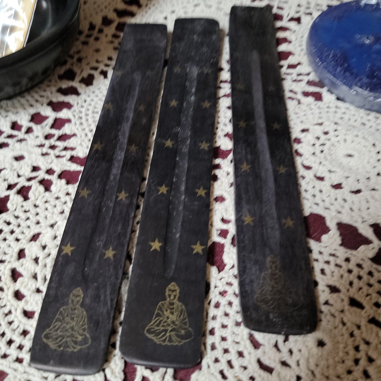 Wooden Incense Boat Burner Black Buddha 10"L