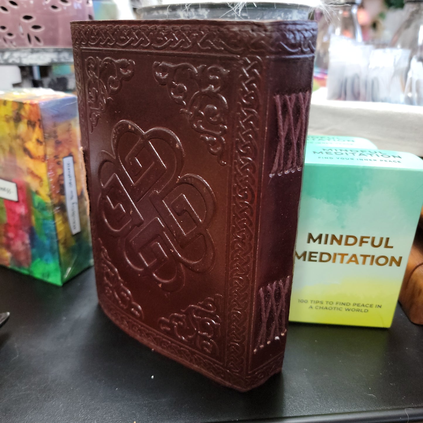 Triple Moon Goddess Embossed Brown Leather Journal w/ latch 5 x 7" (Maiden, Mother, Crone)