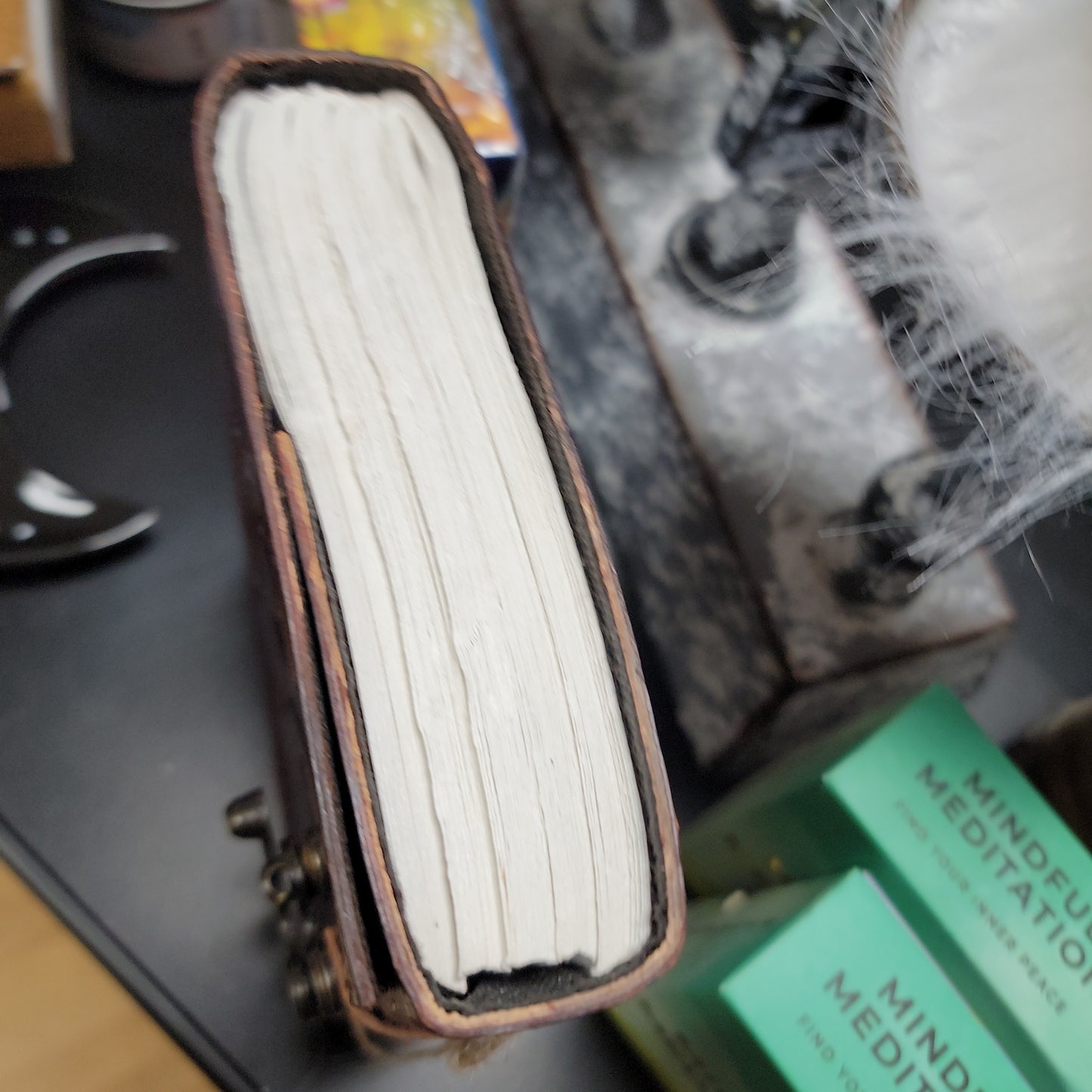 Triple Moon Goddess Embossed Brown Leather Journal w/ latch 5 x 7" (Maiden, Mother, Crone)