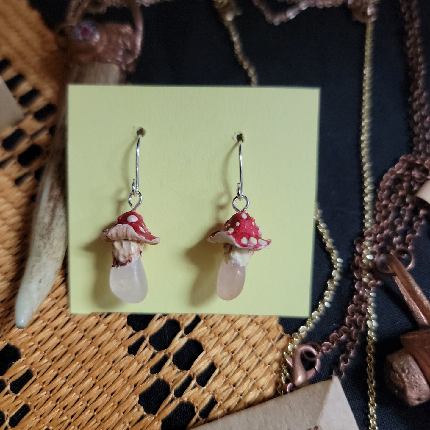 Handcrafted Rose Quartz Crystal and Clay Mushroom Earrings