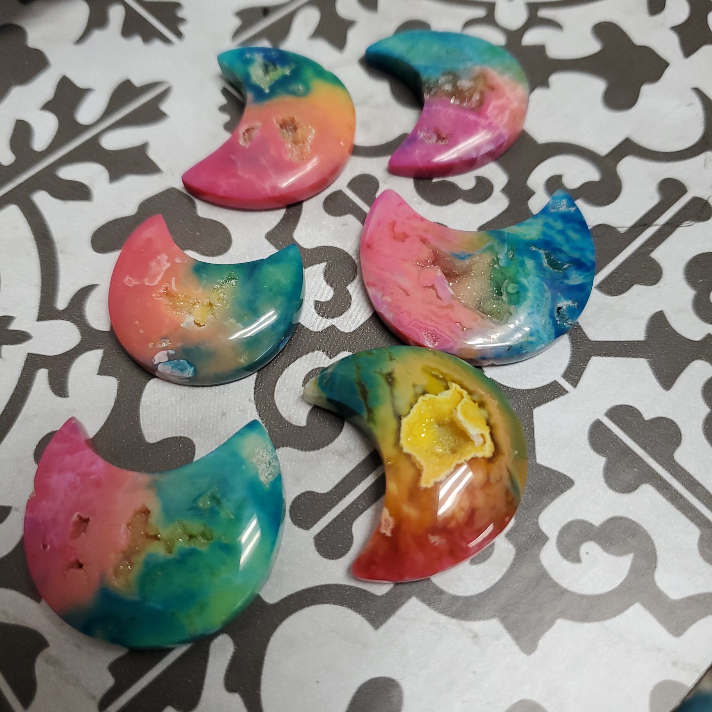 Carved Moon Tye Dye Druzy Agate