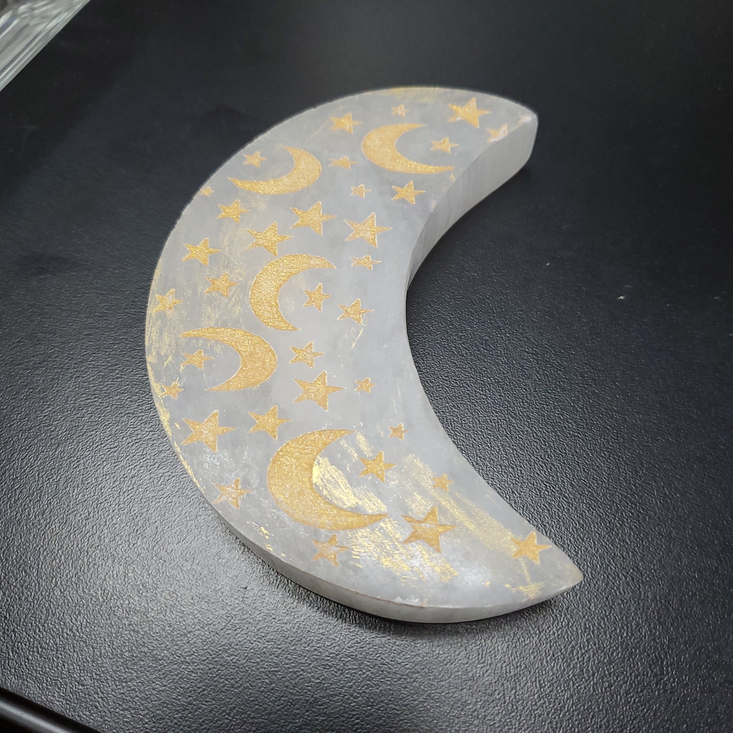 Selenite Moon with Engraved Gold Moon and Stars