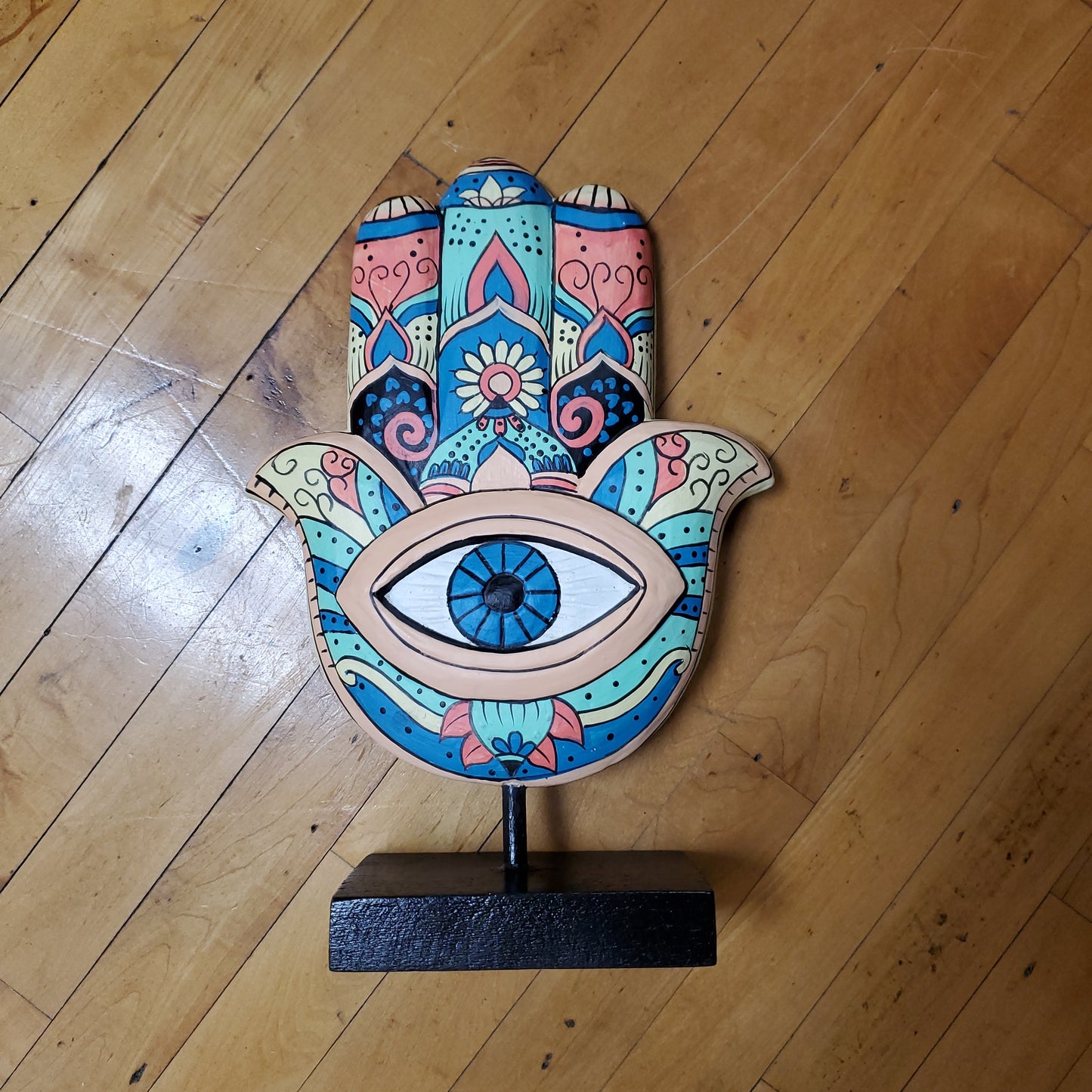 Hand Painted Wooden Hasma With Evil Eye Table Top Decor