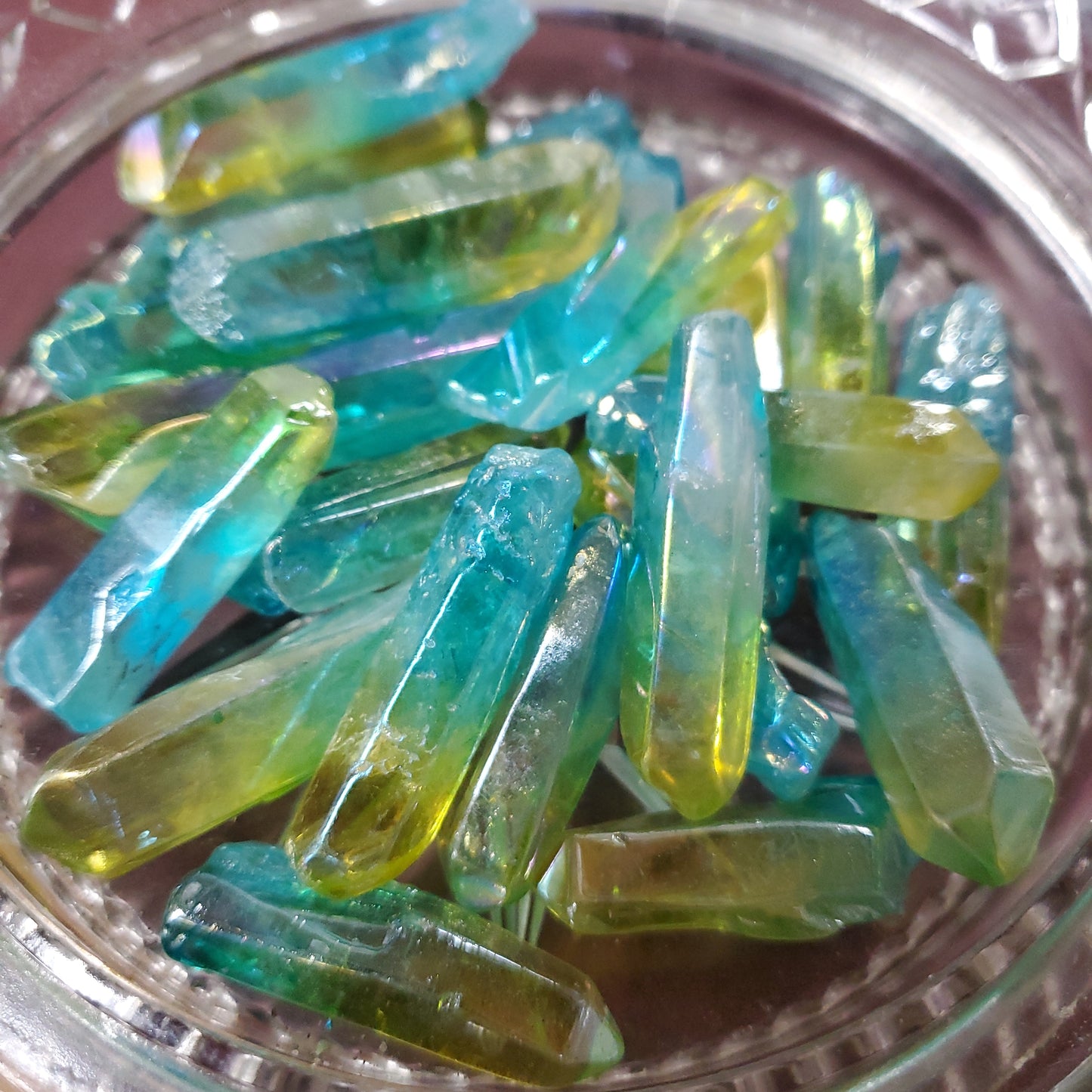 Aura Blue and Yellow Crystal Quartz Point Wand