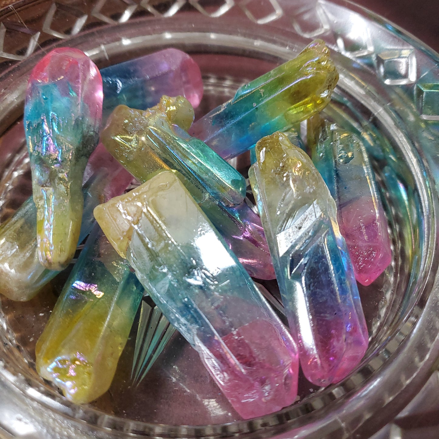 Aura Pink, Blue and Yellow Crystal Quartz Point Wand