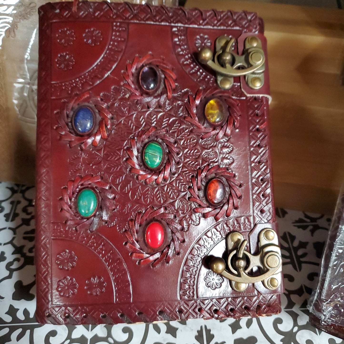 Chakra Aged Looking Paper leather with Stones w/ latch
6 x 8"