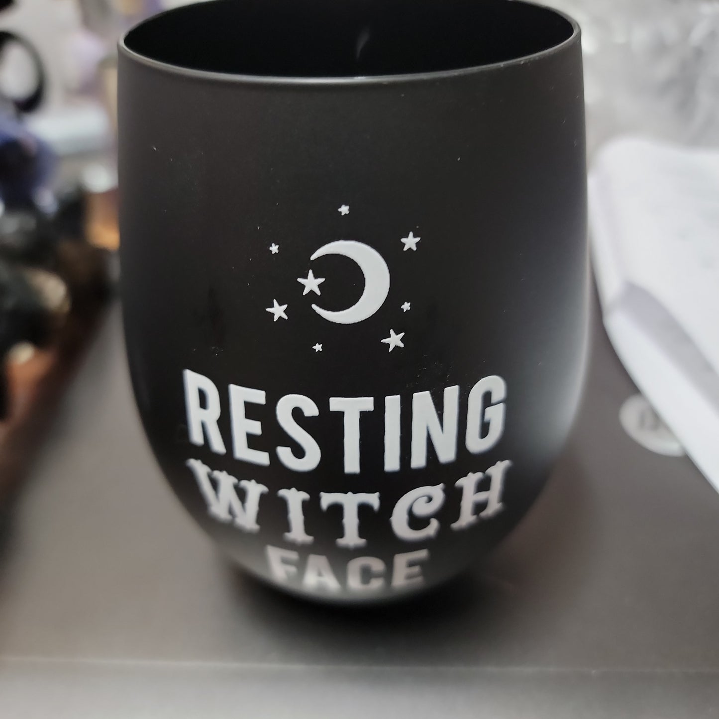 Resting Witch Face Stemless Wine Glass