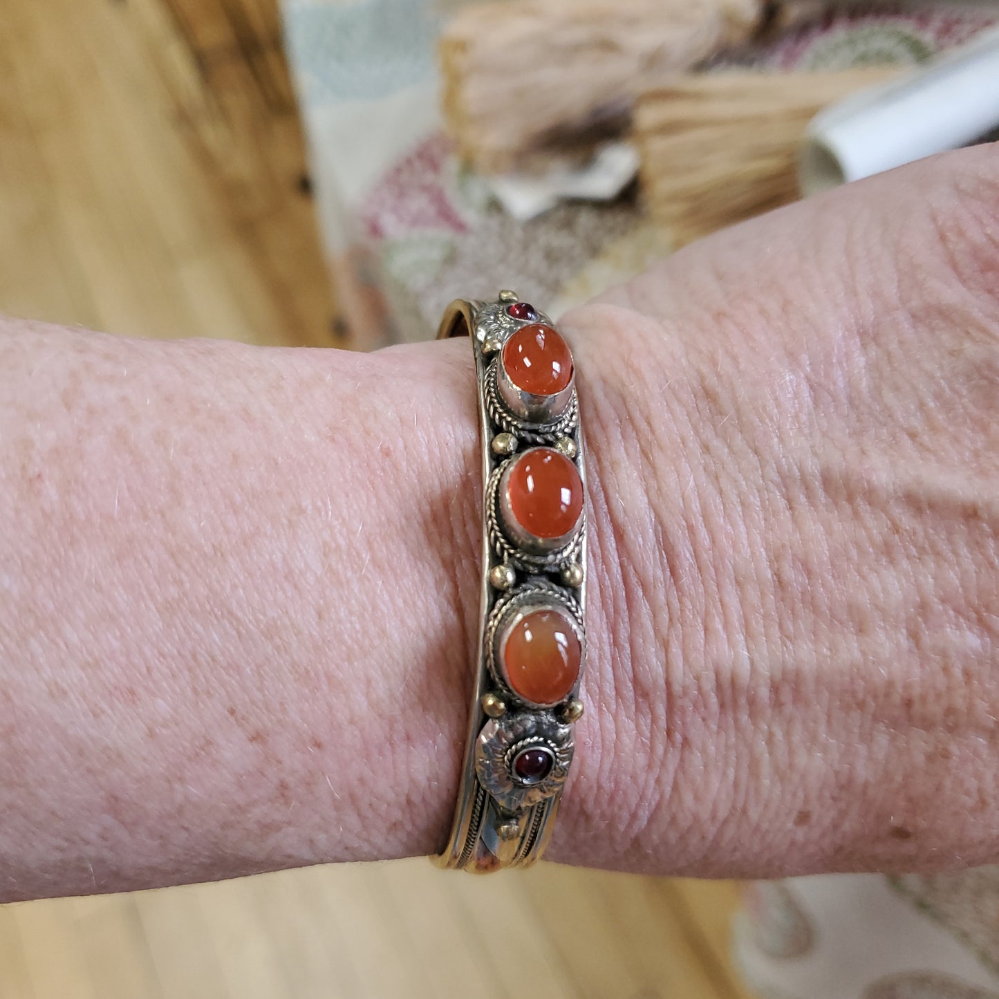 Carnelian Three Stone Cuff Bracelet 1/4"