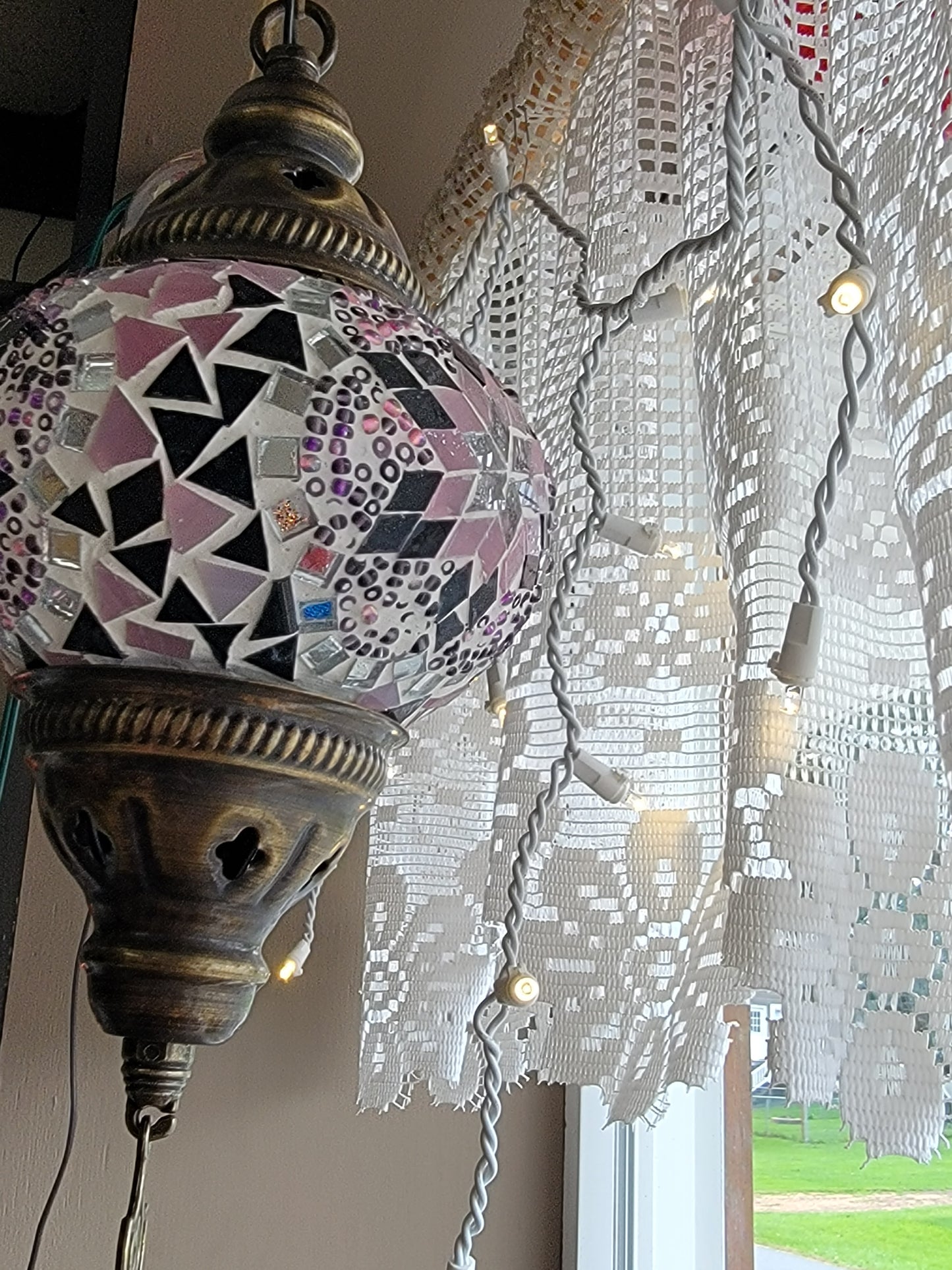 Turkish Ceiling Hanging Lamp, Handmade Small Globe Purples & Pinks