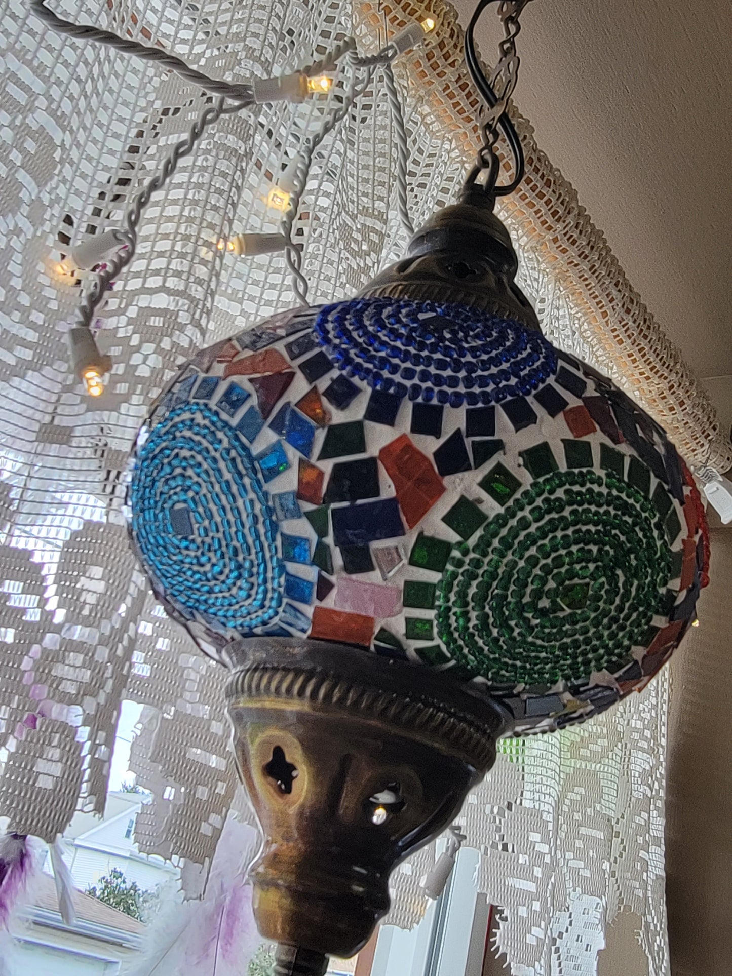 Turkish Ceiling Hanging Lamp, Handmade Large Globe Mulit Colored