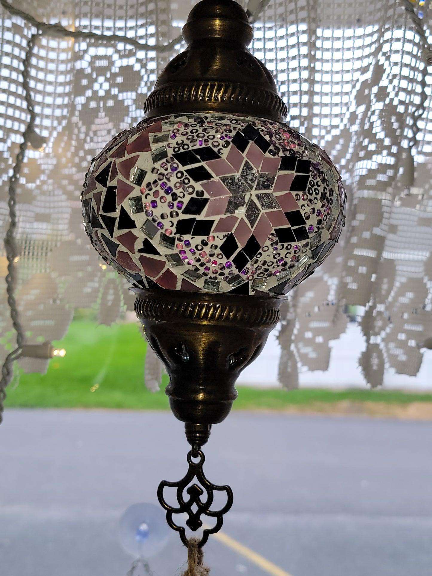Turkish Ceiling Hanging Lamp, Handmade Small Globe Purples & Pinks