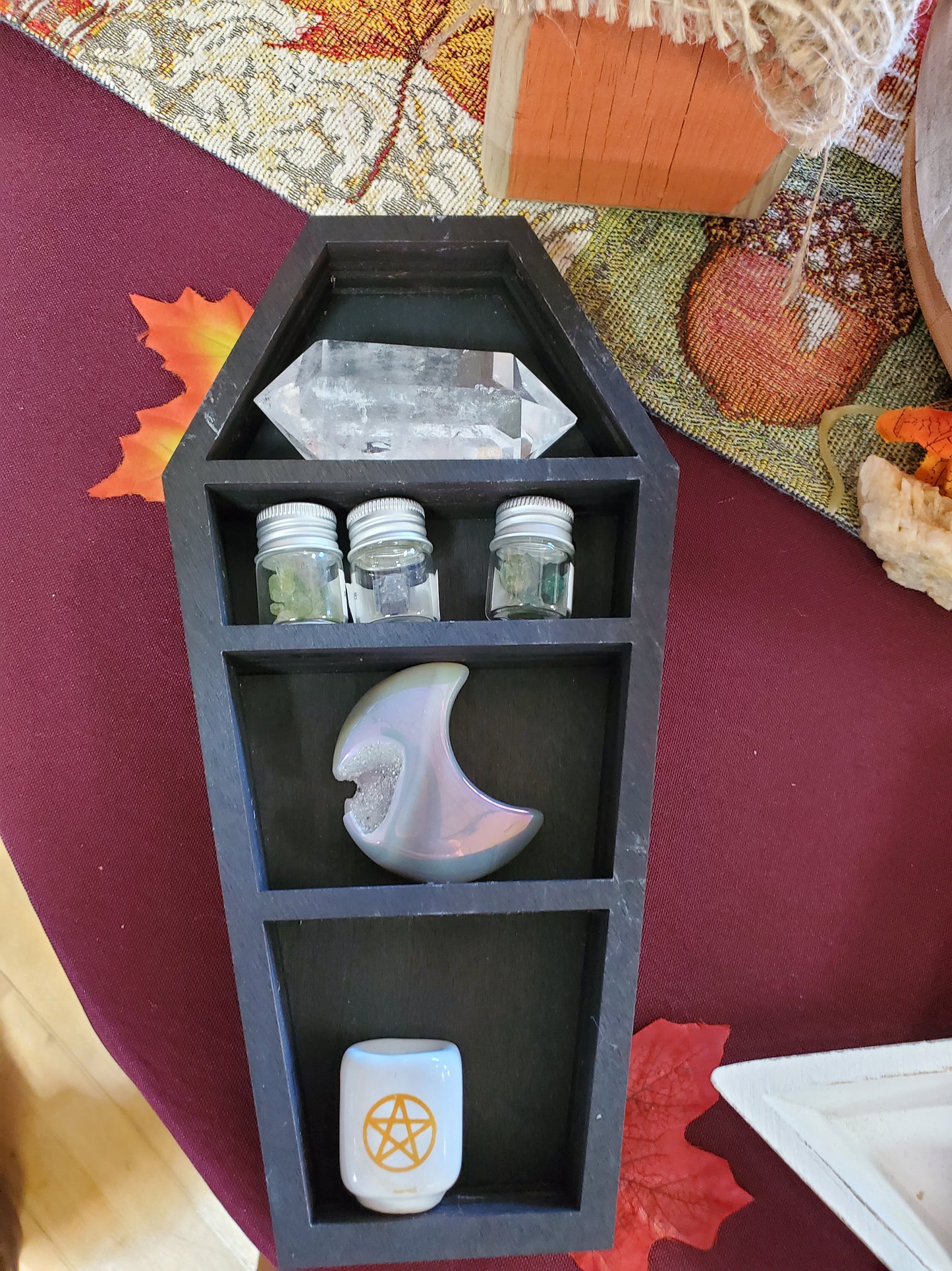 Coffin Wood Carved Crystal Shelf / Display