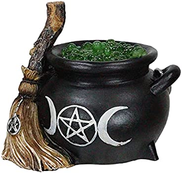 Triple Moon Cauldron with Broom LED Light