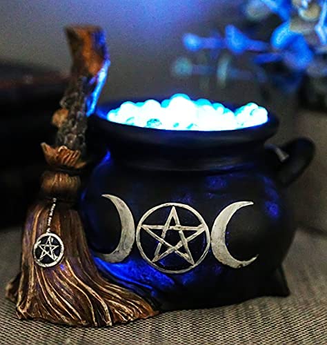 Triple Moon Cauldron with Broom LED Light