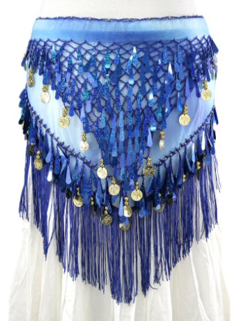 Tie-Dye Triangle Hip Scarf with Teardrop Paillettes, Fringe, & Coins - BLUE - Tree Of Life Shoppe