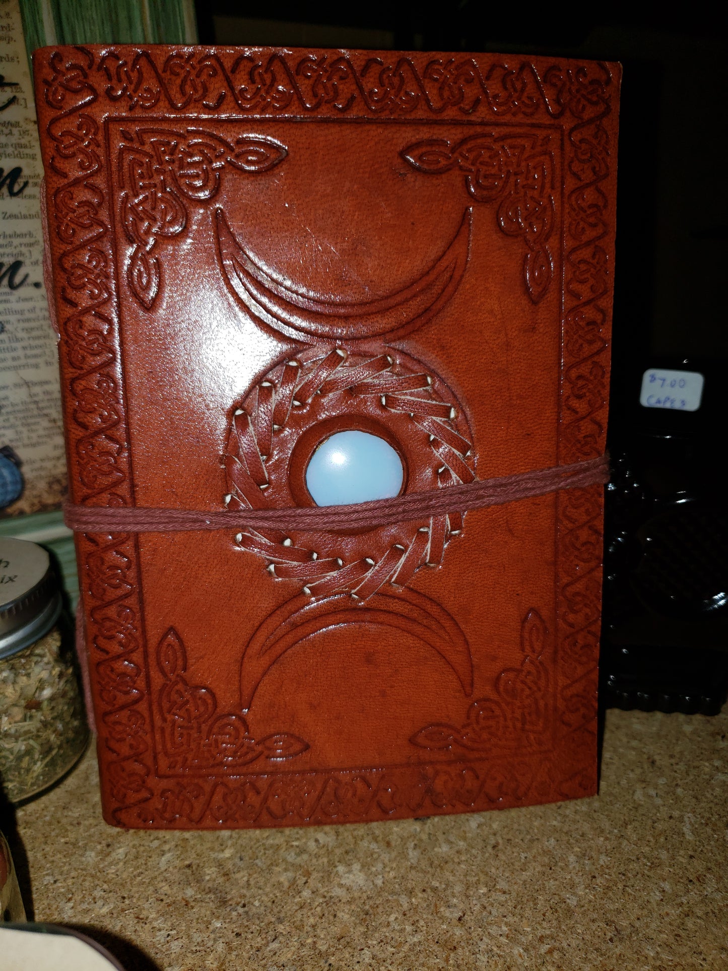 Triple Moon with Stone Embossed Leather Journal w/ cord - Tree Of Life Shoppe