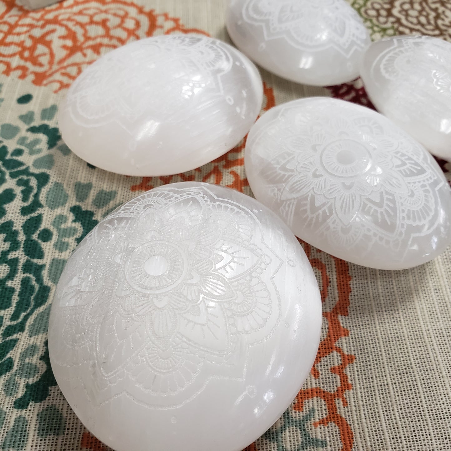 Engraved Selenite Mandala Palm Stone - Tree Of Life Shoppe