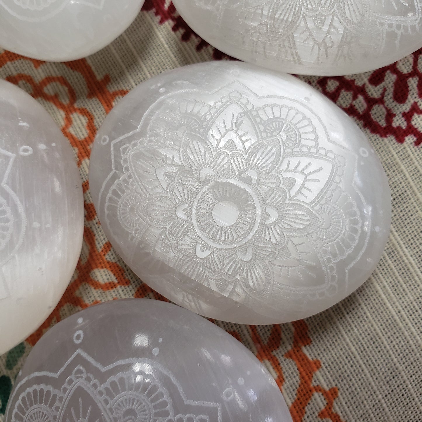Engraved Selenite Mandala Palm Stone - Tree Of Life Shoppe