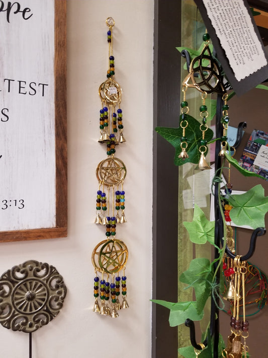 Three Pentacle  Brass Chime with Beads - 25"L - Tree Of Life Shoppe