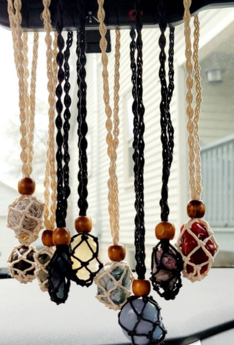 Macrame Pouch Necklace or Car Mirror Charm