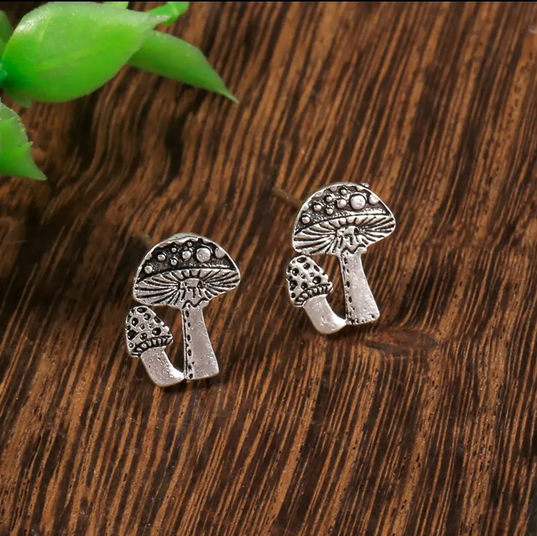 Mushroom Stud Earrings - Silver Plated