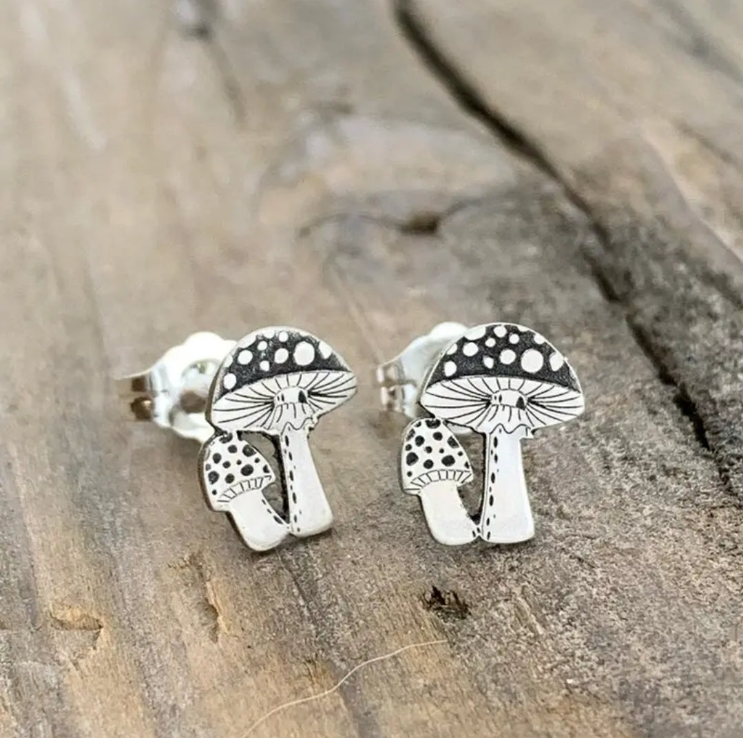 Mushroom Stud Earrings - Silver Plated