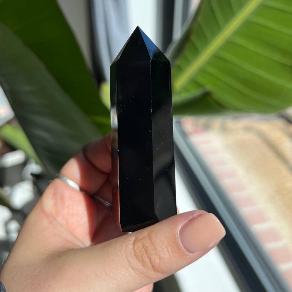 Black Obsidian Etched Gold Chakra Crystal Tower