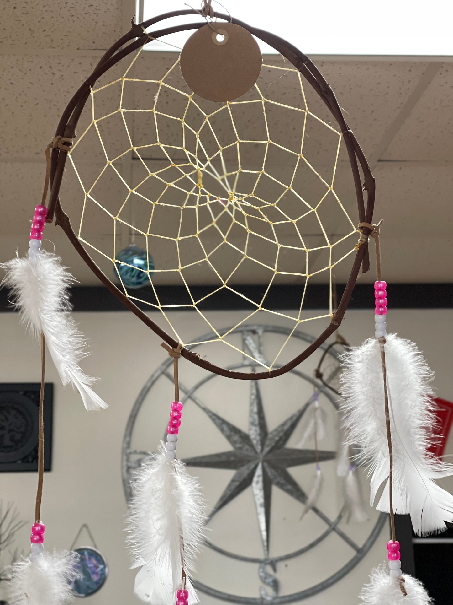 Large Vine Dream Catcher Handmade pink and white beads (curved) - Tree Of Life Shoppe