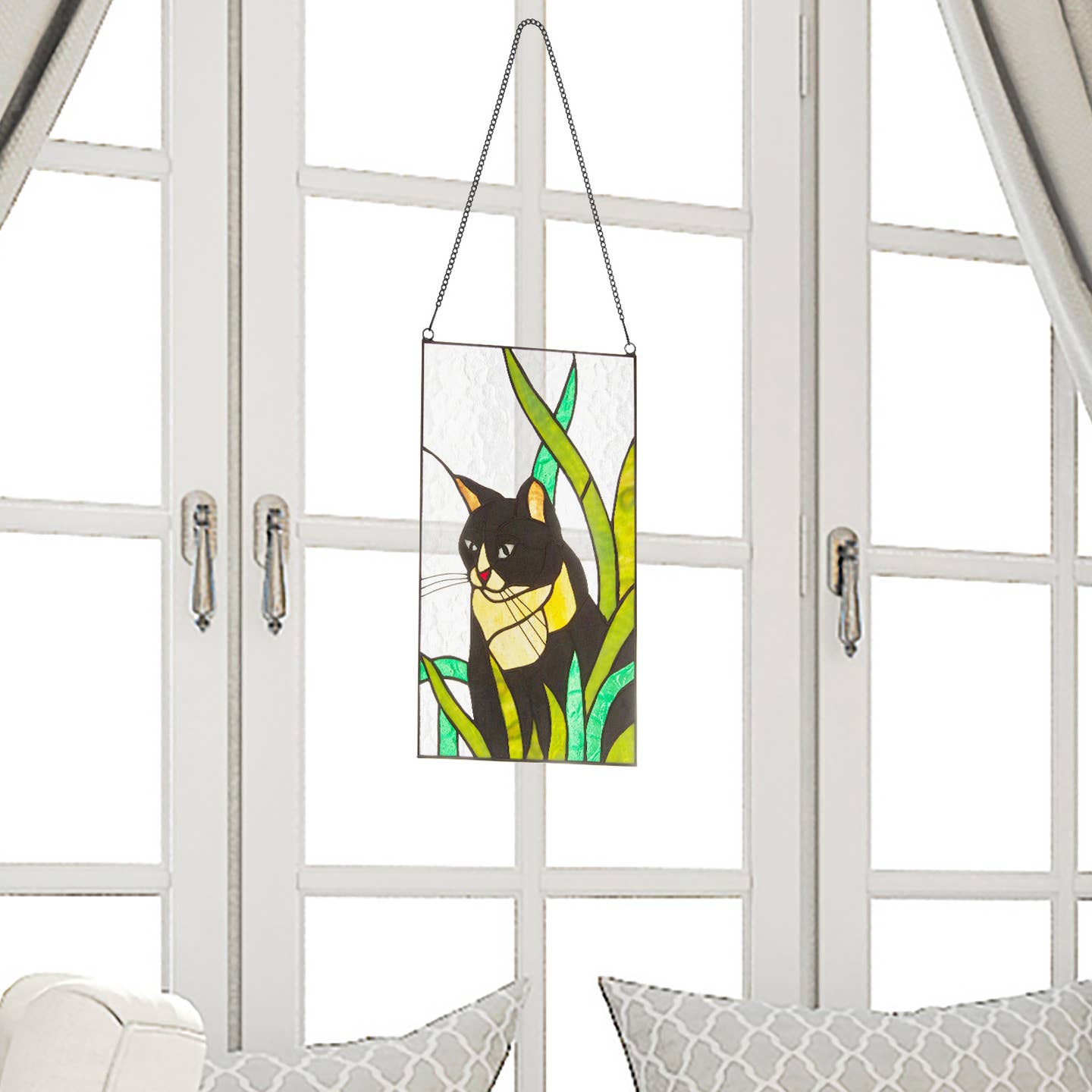 Dixon Tuxedo Cat Stained Glass Window Panel