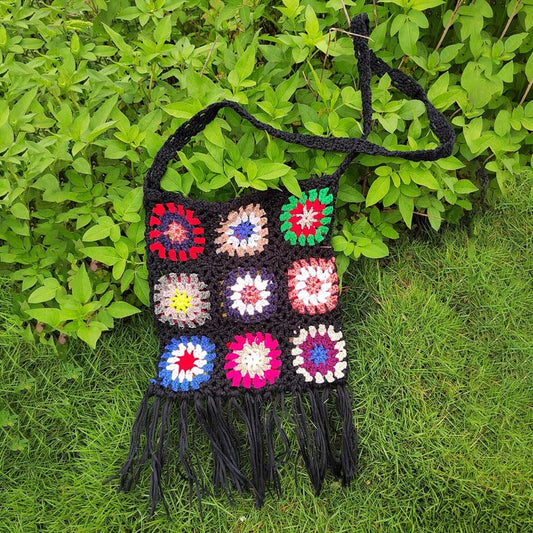 Black Crochet Boho Shoulder Bag Handbag Boho