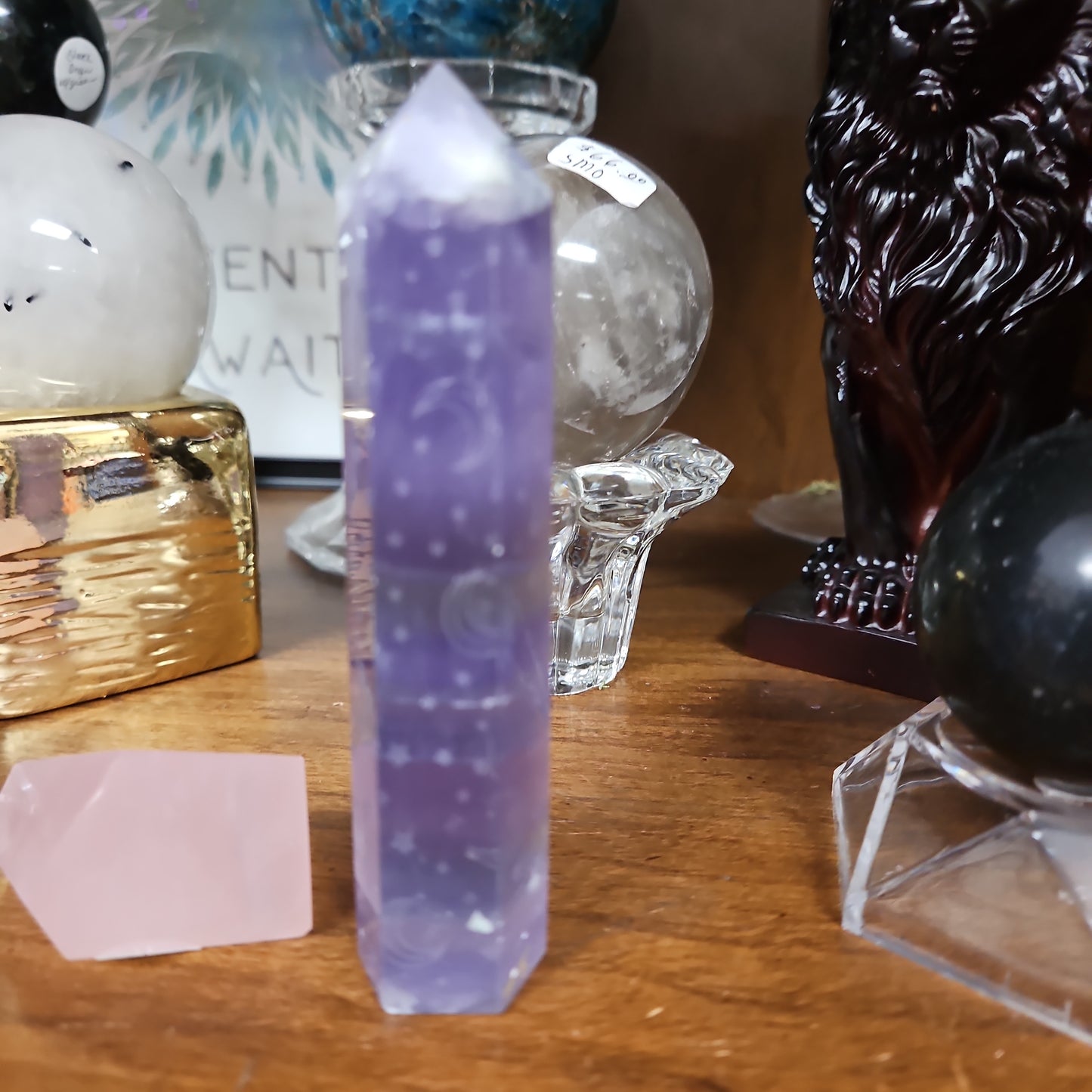 Rainbow Flourite Tower - Ecthed Stars and Moons