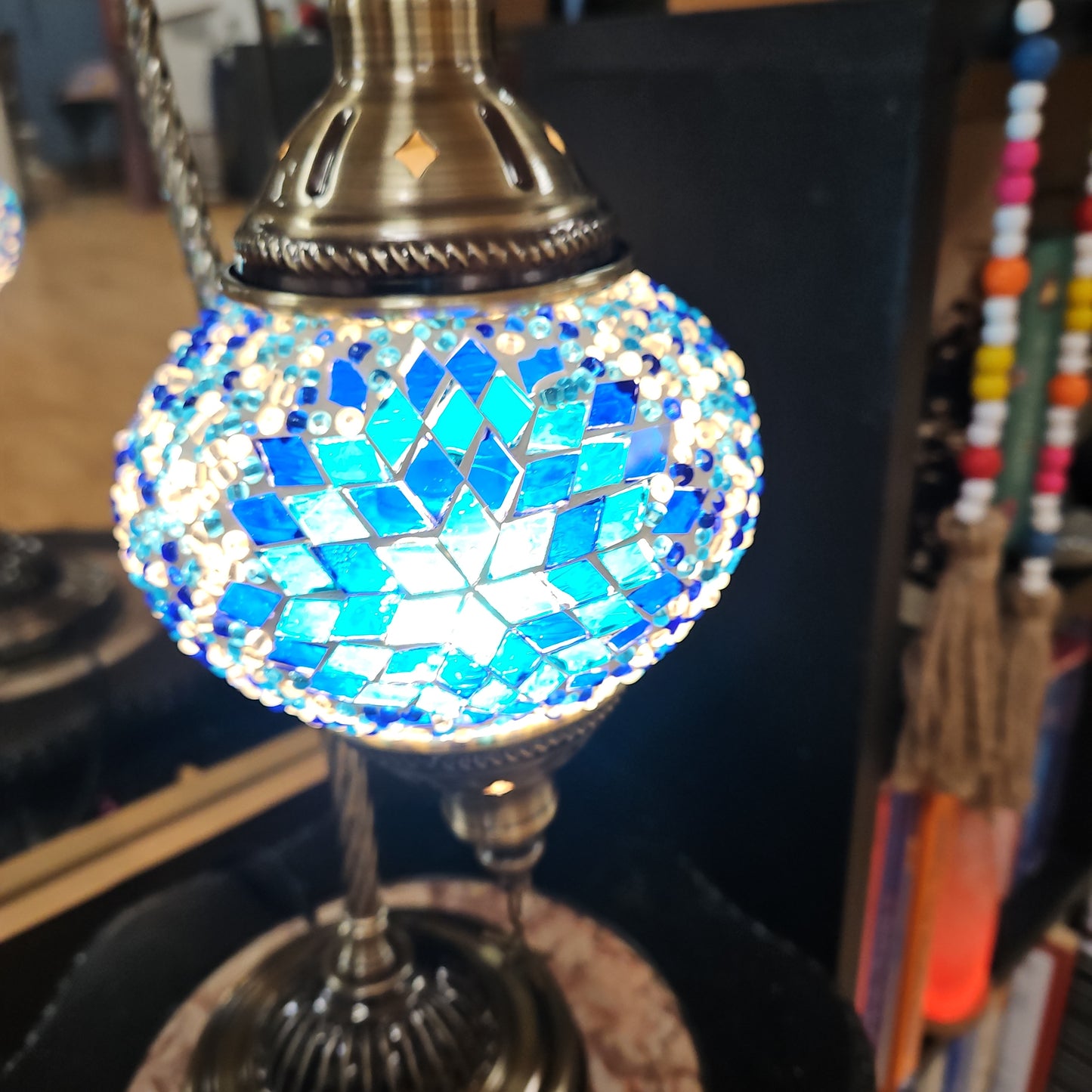 Handmade Mosaic Hanging Lamp  15 1/2"  ( Turkish lamps ) Blue Starburst