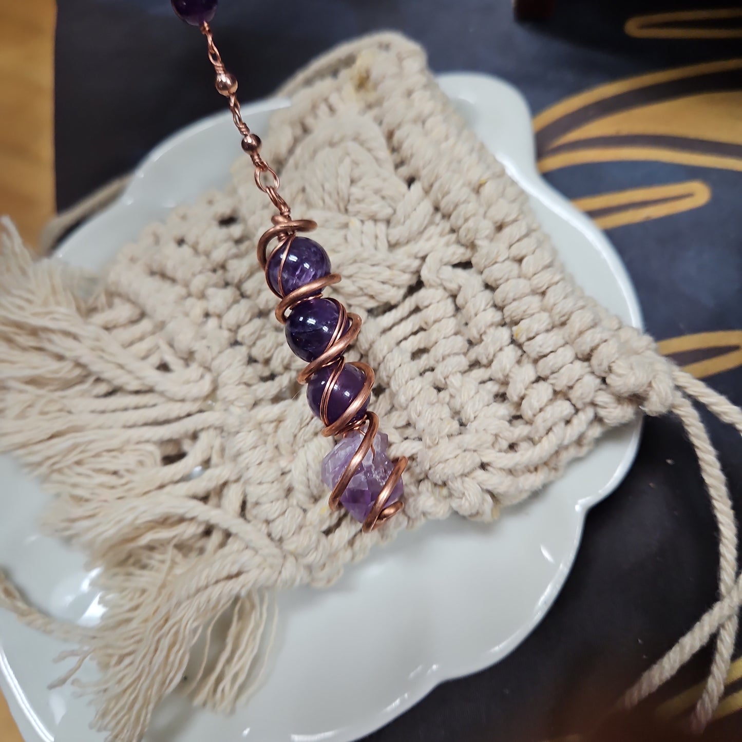 Handmade Wire Wrap Spiral Copper and Amethyst Pendulum