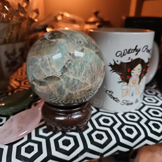 Garnierite ( Green Moonstone ) and  Smokey Quartz Veins Sphere with stand