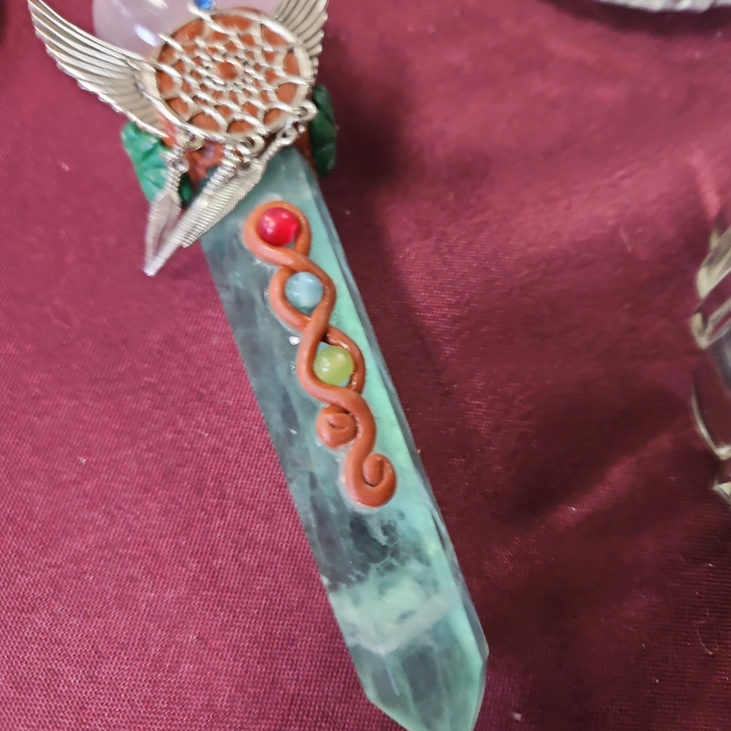Handmade Natural Crystal Wand - Fluorite and Rose Quartz 6 1/2"