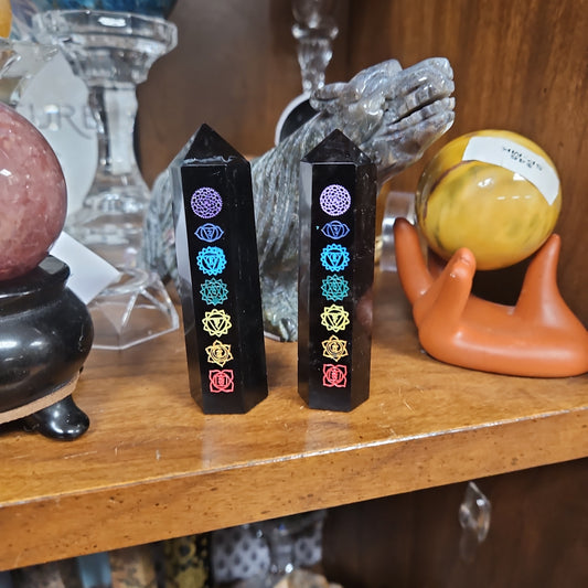 Black Obsidian Etched Colored Chakra Crystal Tower