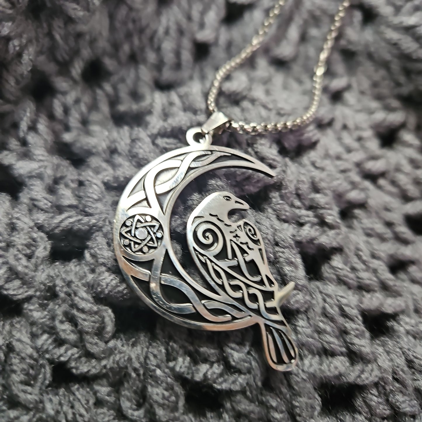 Crescent Moon Celtic Knot Raven Stainless Steel Necklace